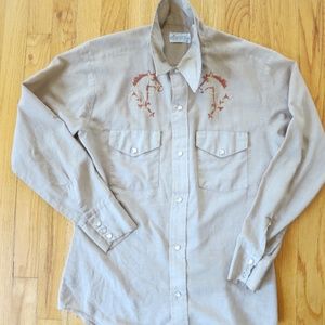 Vtg 70s Permanent Press K-Mart Western Pearl Snap Shirt Mens M Embroidery Horse